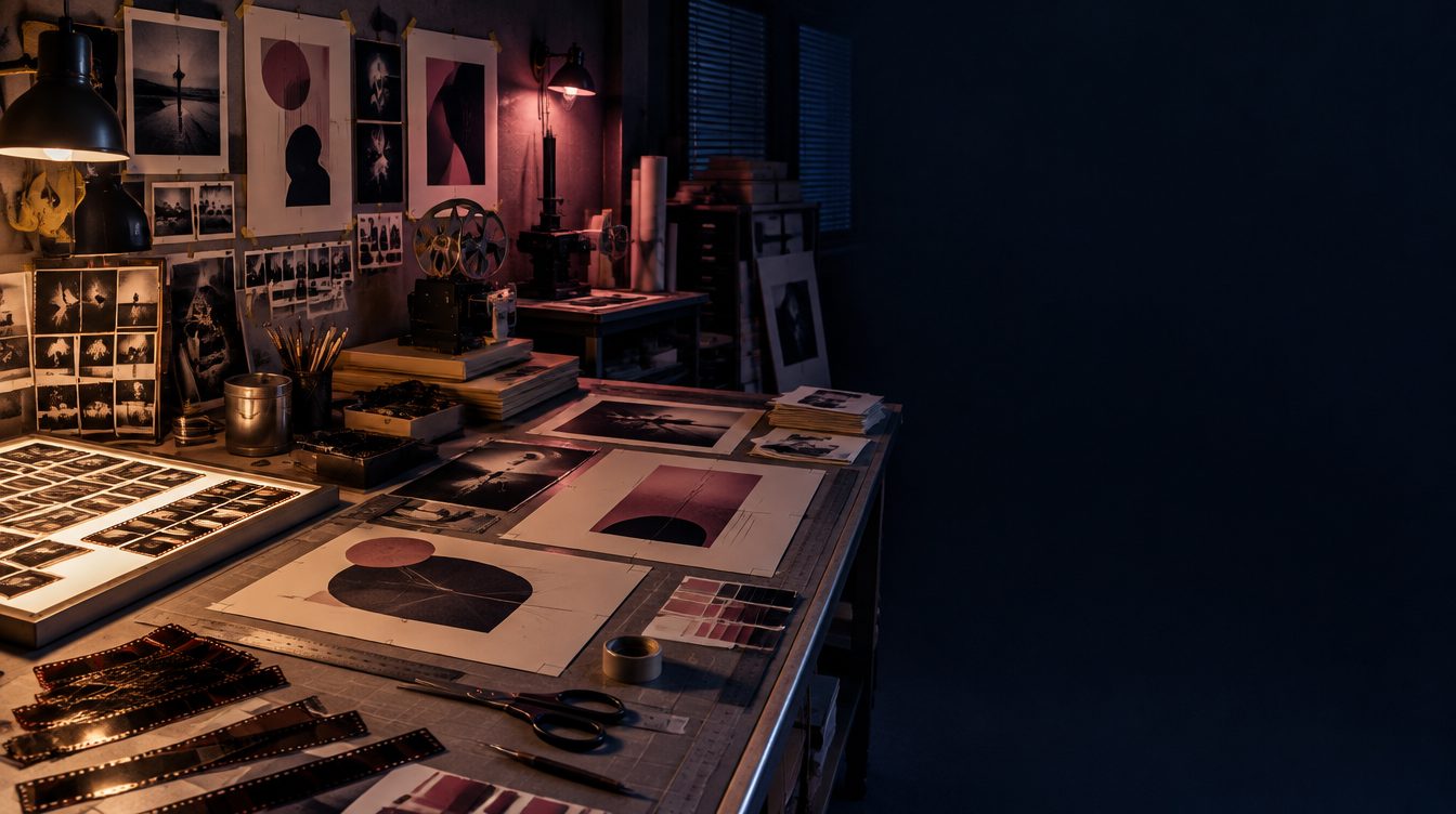 Creatieve studio met posters, contactvellen en printwerk